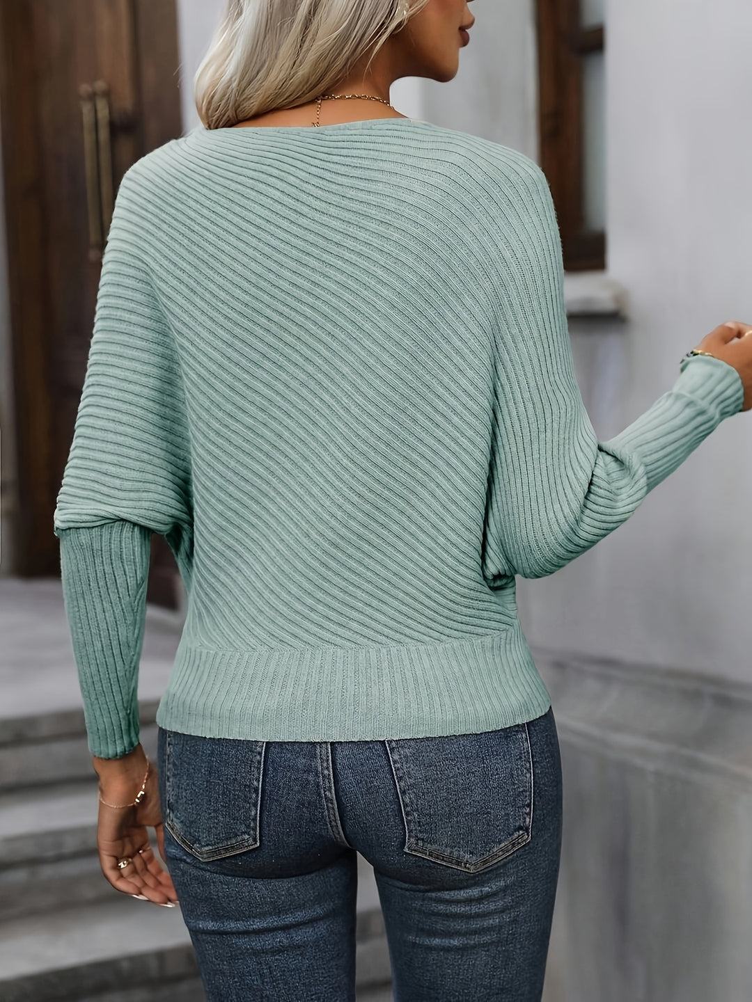 Mireva - Batwing Sleeve Rib Knit Pullover Sweater
