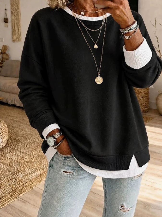 Vesara - Color-Block Faux-Layer Cotton Sweatshirt