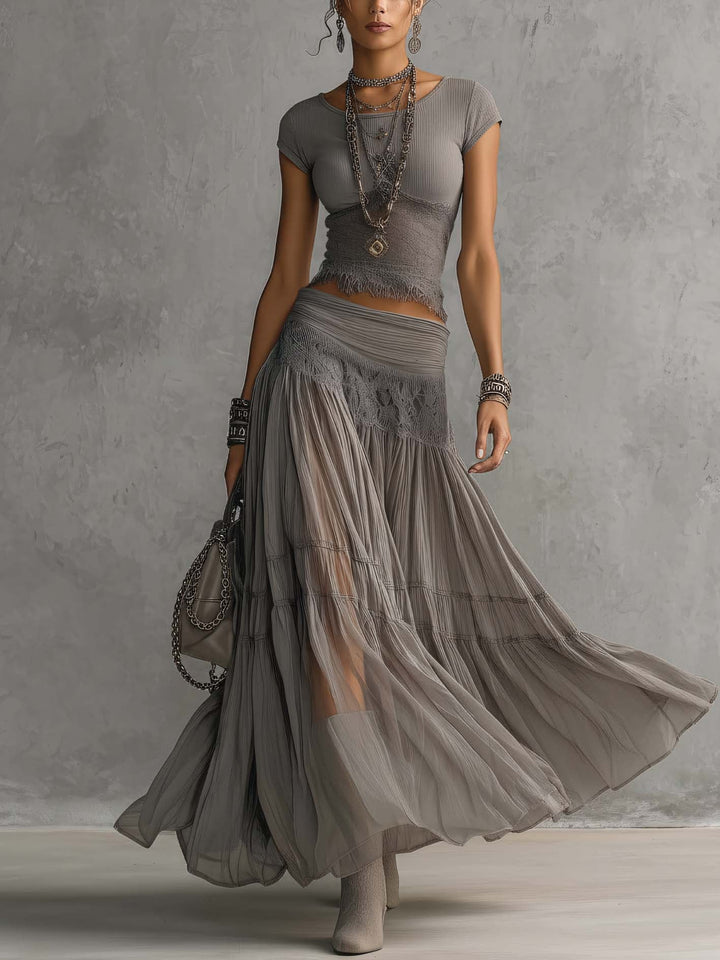 Nimara - Pleated Chiffon Maxi Skirt Set