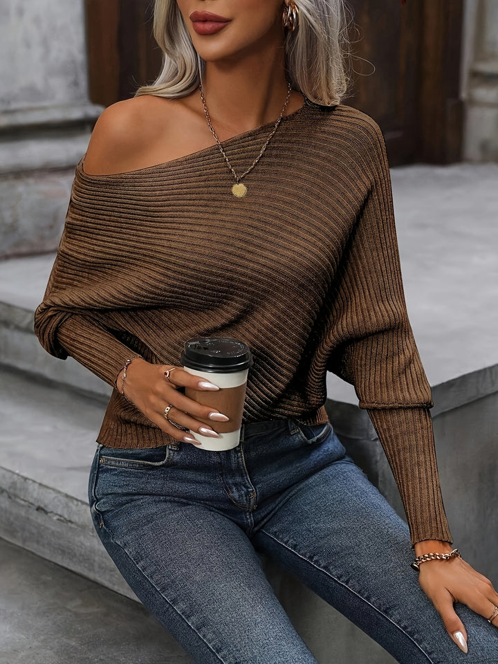 Mireva - Batwing Sleeve Rib Knit Pullover Sweater