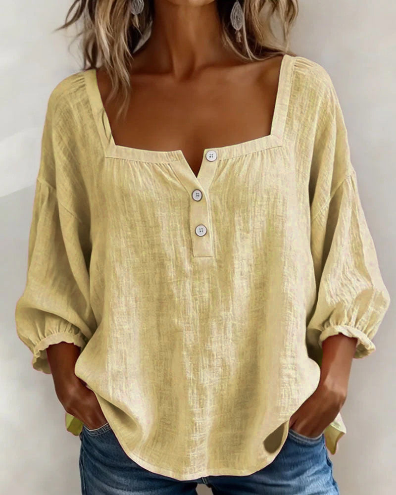 Sivara - Square Neck Cotton-Linen Blouse