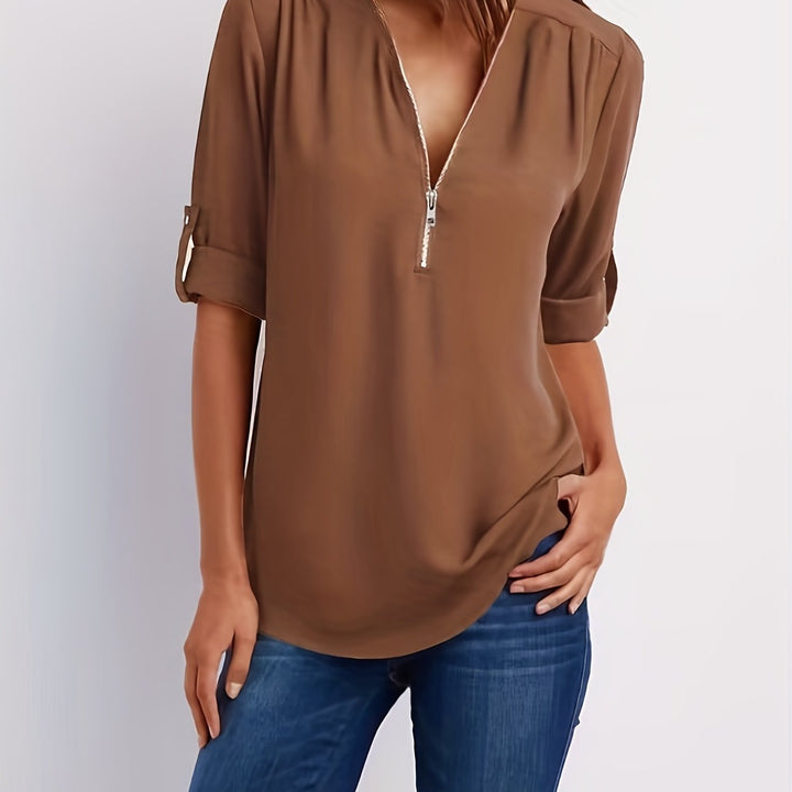 Nivara - Zip V-Neck Woven Blouse