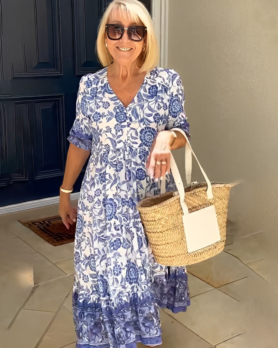 Nalira - Deep V-Neck Floral Print Dress