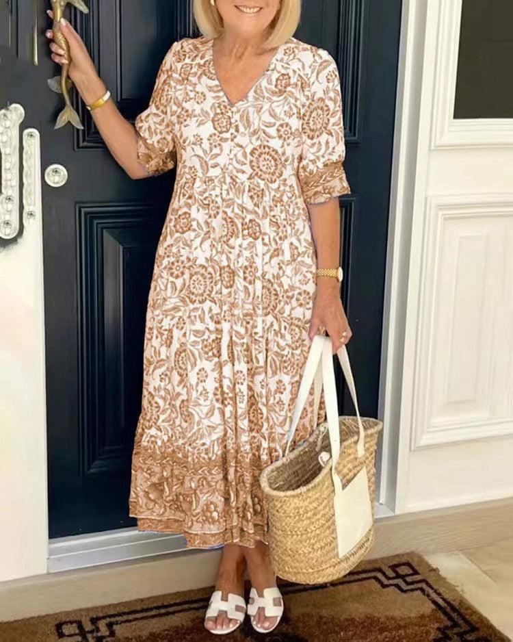 Nalira - Deep V-Neck Floral Print Dress