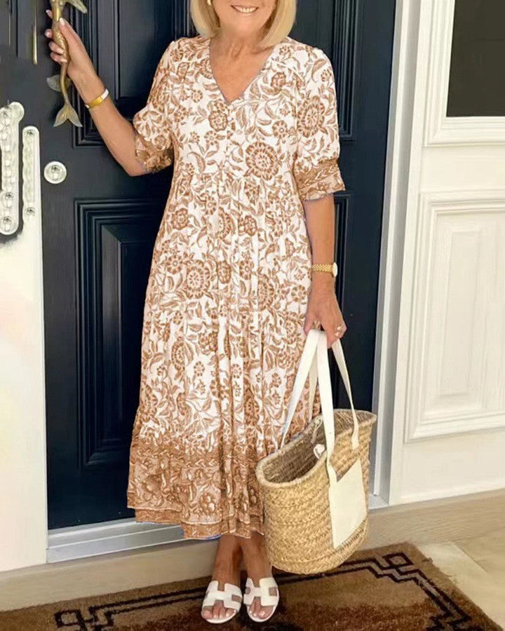 Nalira - Deep V-Neck Floral Print Dress