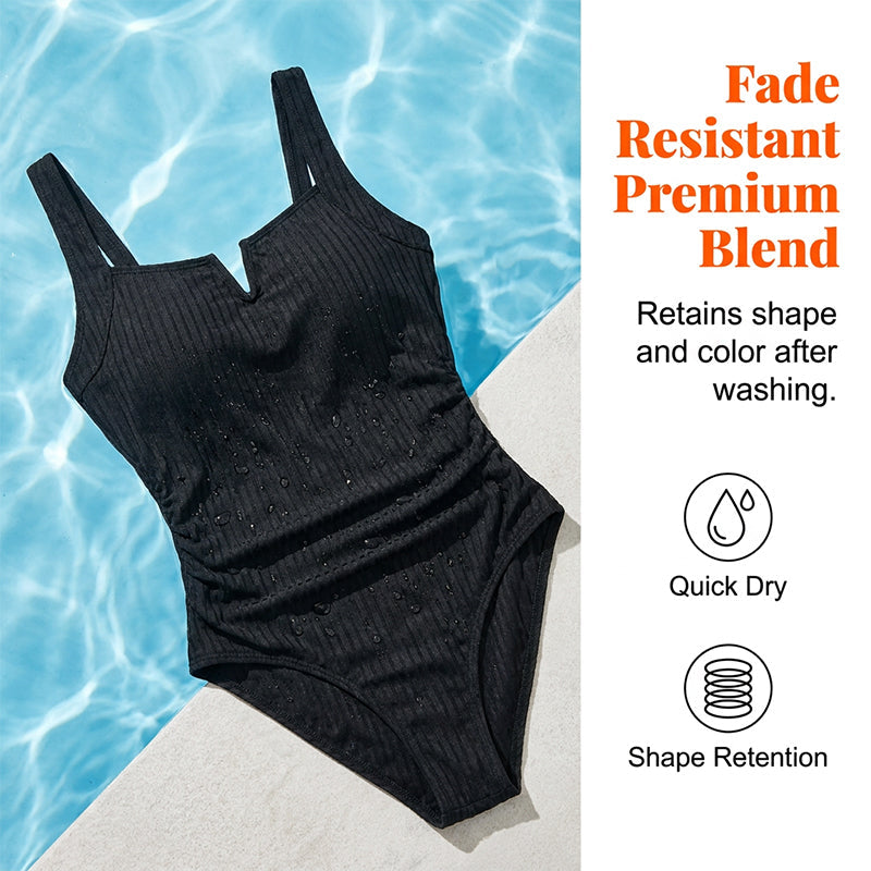 Vesara - Front-Ruched Ribbed Knit One-Piece Swimsuit