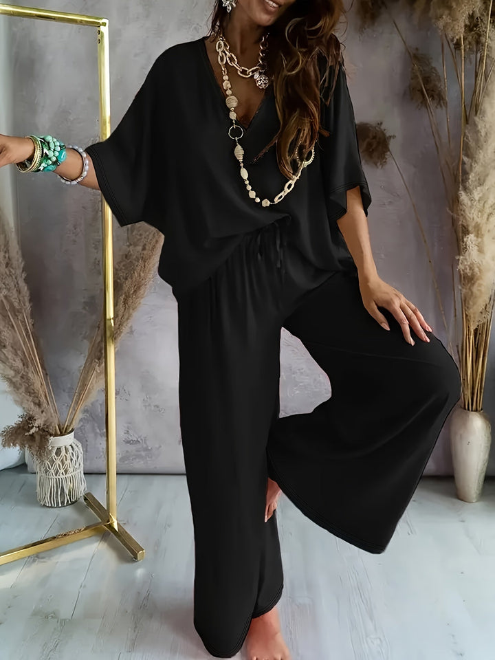 Velise - V-Neck Solid Two-Piece Set