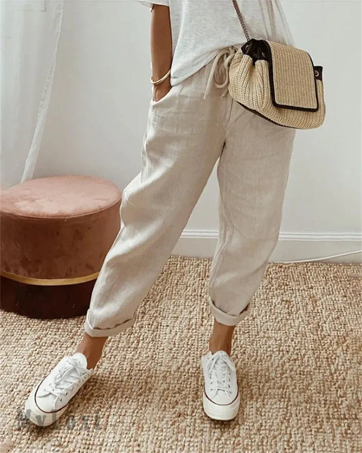 Mevra - Straight-Leg Linen-Cotton Trousers