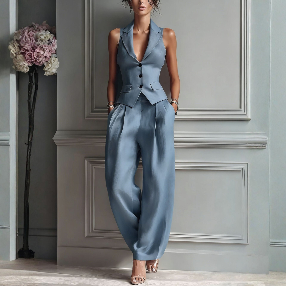 Velora - V-Neck Button-Front Woven Set