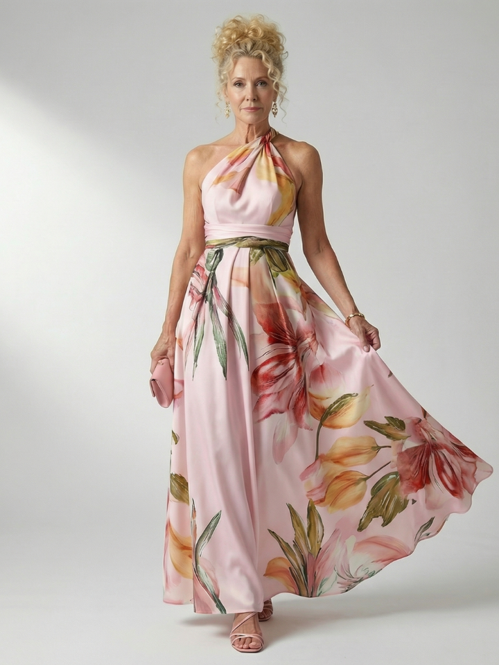 Mevara - Halter-Neck Floral Print Maxi Dress