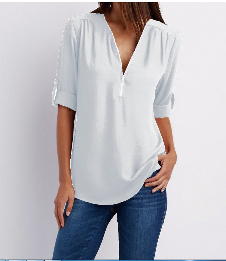 Nivara - Zip V-Neck Woven Blouse