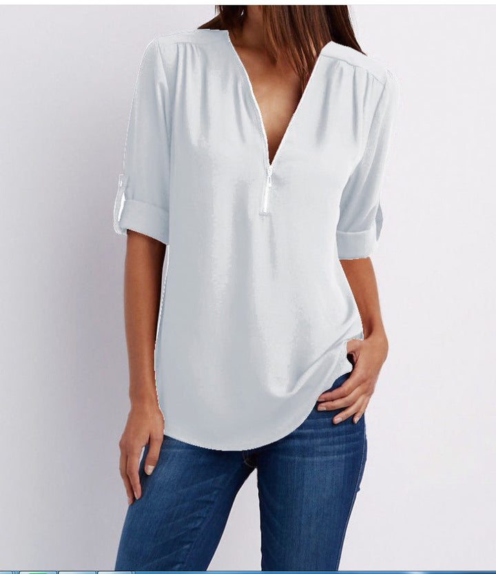 Nivara - Zip V-Neck Woven Blouse