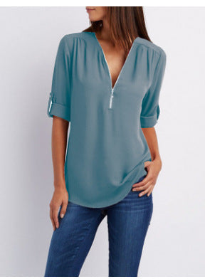 Nivara - Zip V-Neck Woven Blouse