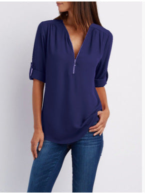 Nivara - Zip V-Neck Woven Blouse
