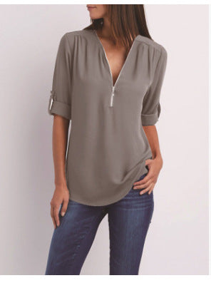 Nivara - Zip V-Neck Woven Blouse