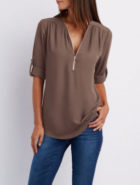Nivara - Zip V-Neck Woven Blouse