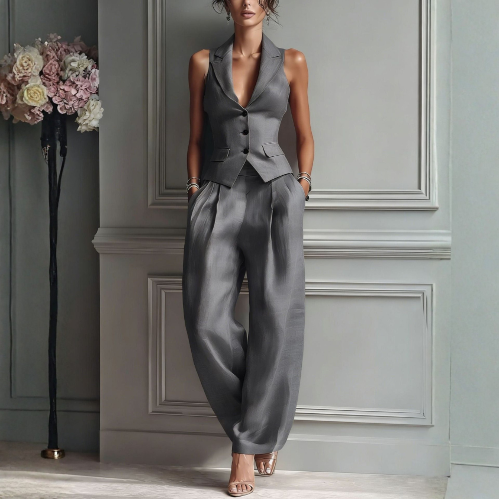 Velora - V-Neck Button-Front Woven Set