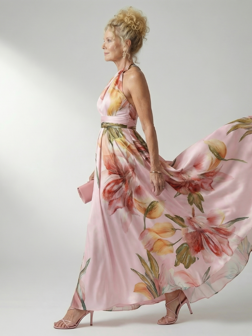 Mevara - Halter-Neck Floral Print Maxi Dress