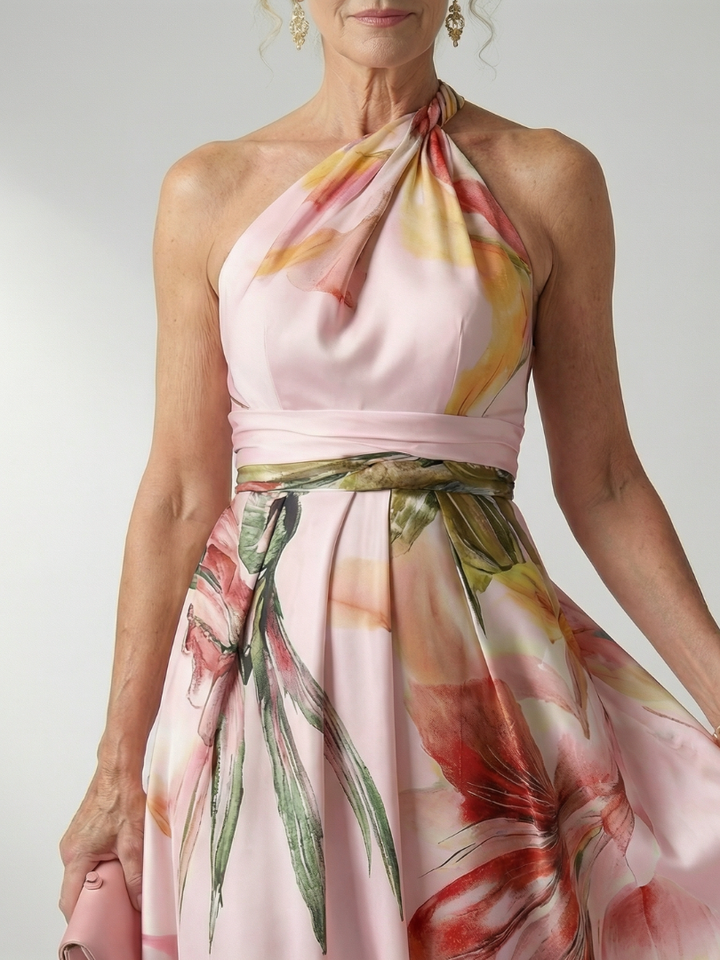 Mevara - Halter-Neck Floral Print Maxi Dress