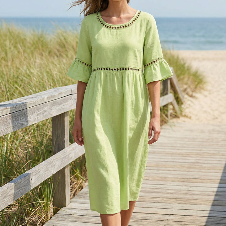 Lunira - Lace-Inset Cotton-Linen Midi Dress