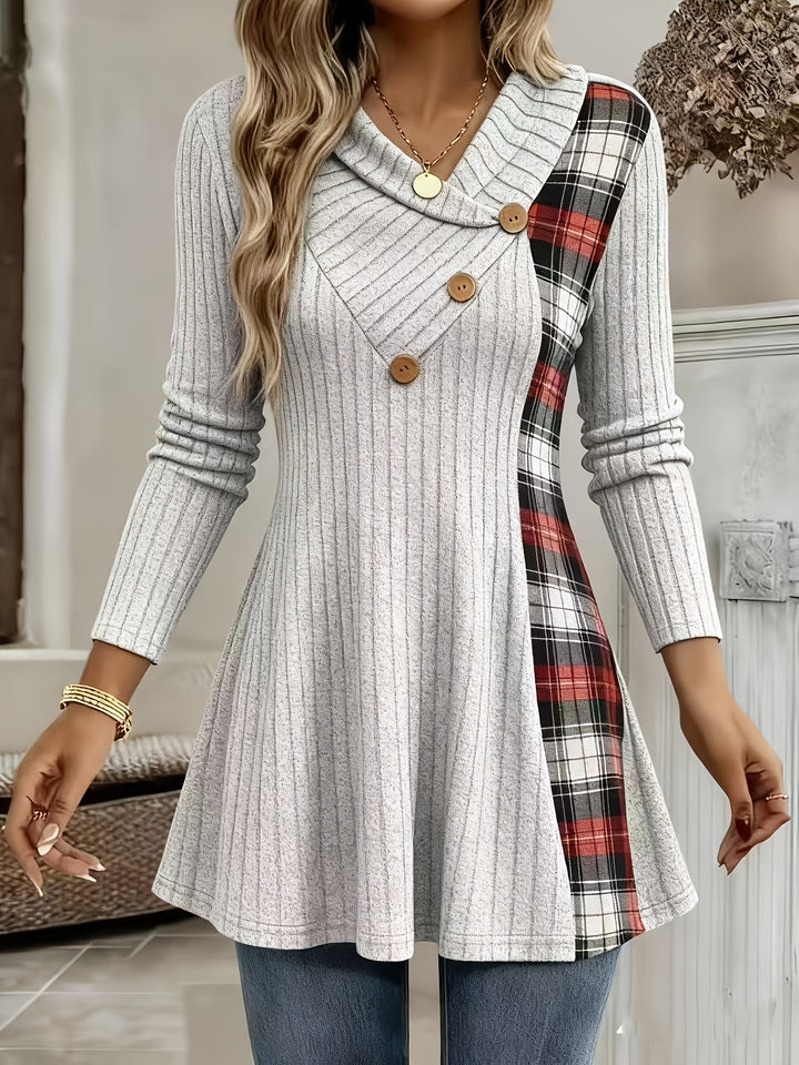 Tavina - Plaid Patchwork Knit T-Shirt