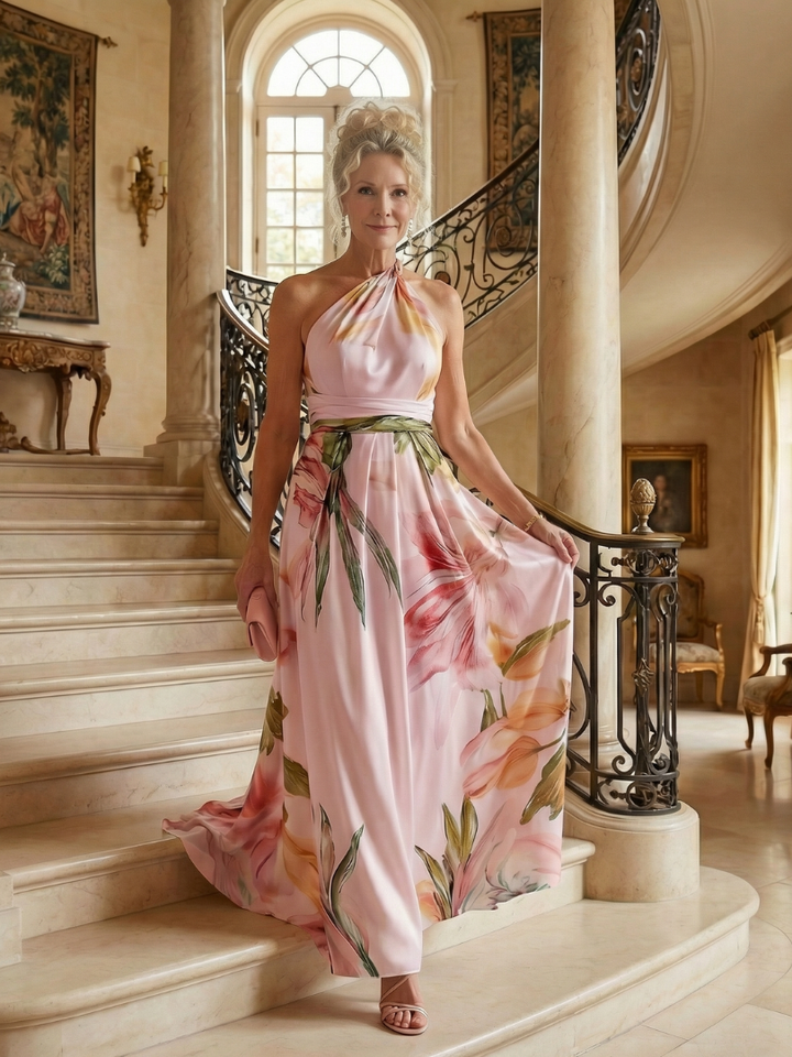 Mevara - Halter-Neck Floral Print Maxi Dress