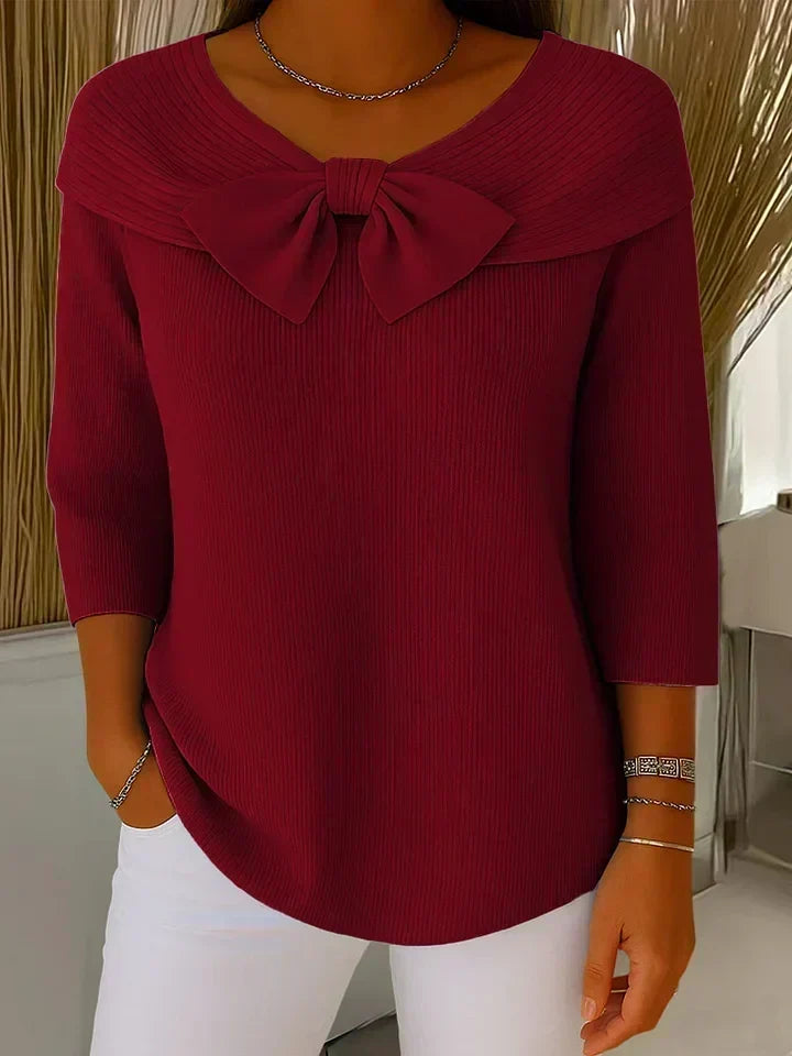 Reniva - Bow-Neck Rib Knit Sweater