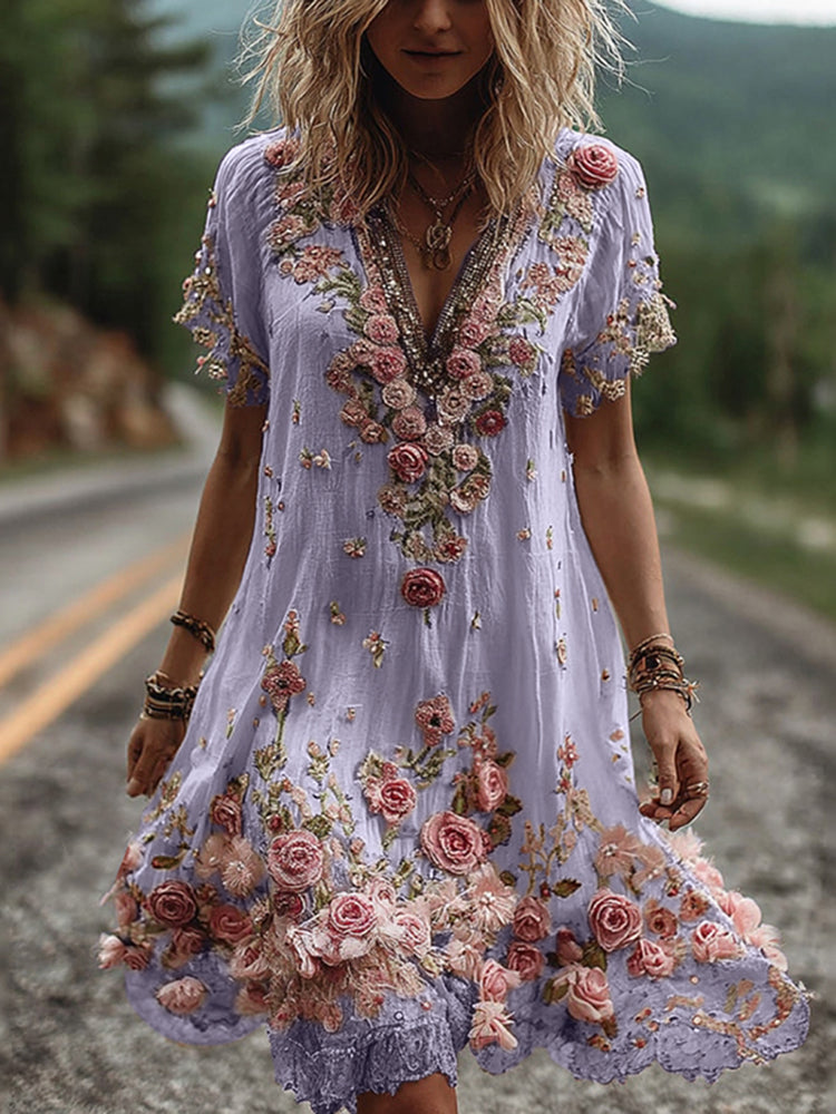 Noreli - Floral Embroidery Cotton-Blend Dress