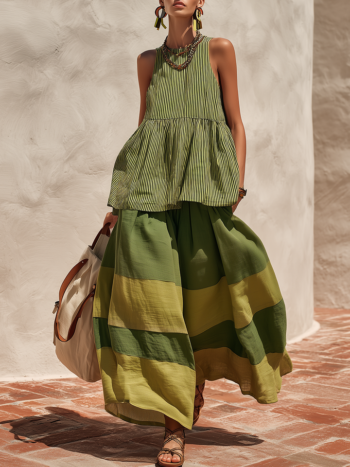 Navira - Color-Blocked Cotton-Linen Wide-Leg Pants Set