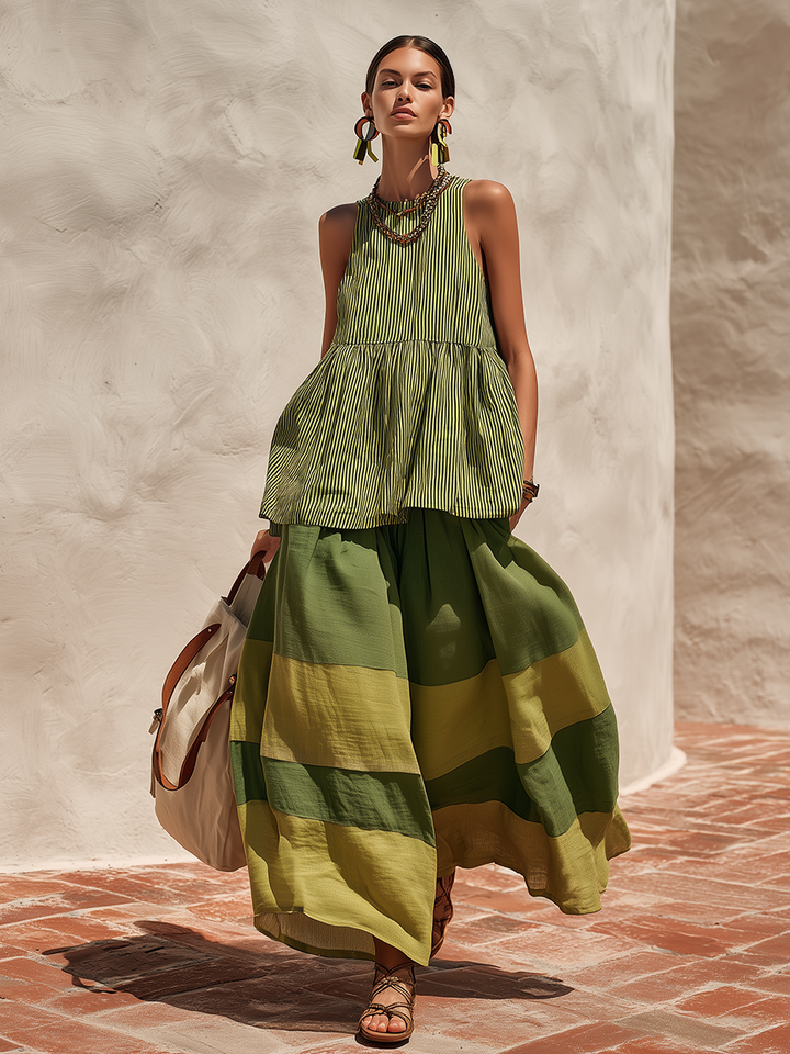 Navira - Color-Blocked Cotton-Linen Wide-Leg Pants Set