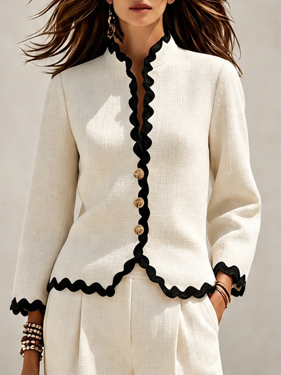 Calira - Wavy-Edge Woven Jacket And Trousers Set