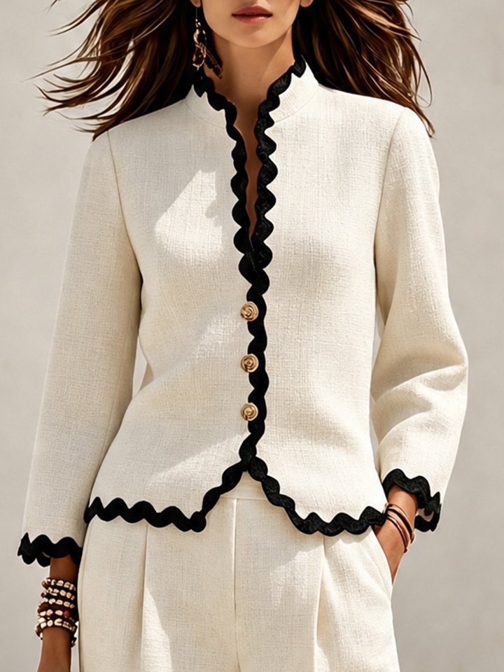 Calira - Wavy-Edge Woven Jacket And Trousers Set