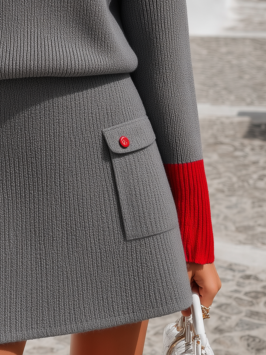 Novine - Contrast-Trim Ribbed Knit Skirt Set