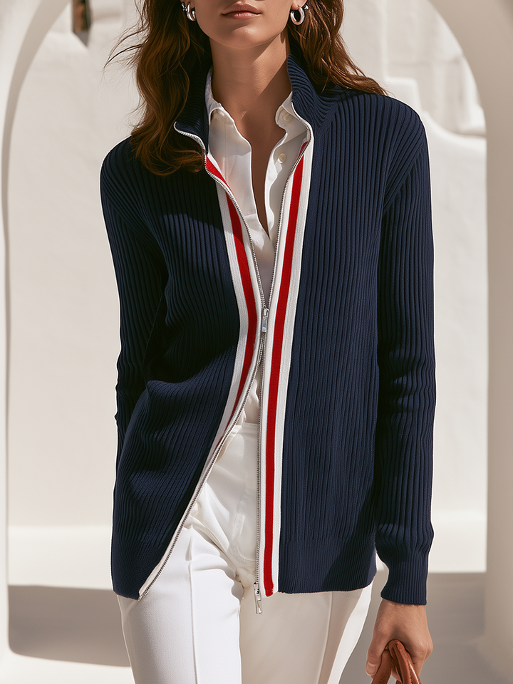 Zevira - Striped Trim Rib Knit Cardigan