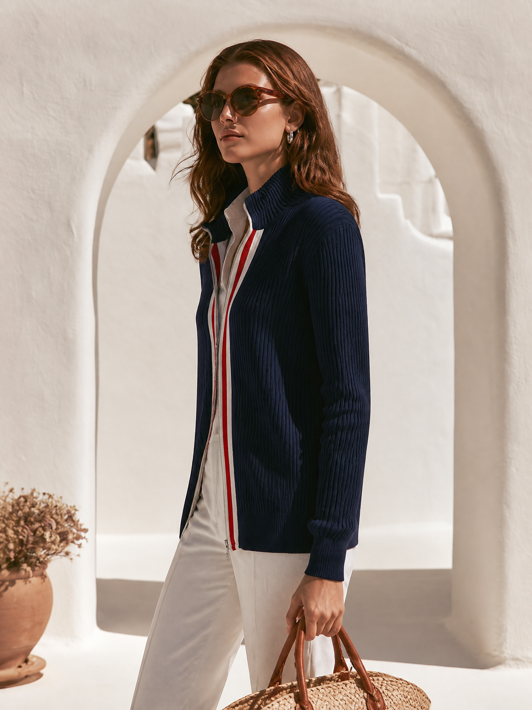 Zevira - Striped Trim Rib Knit Cardigan