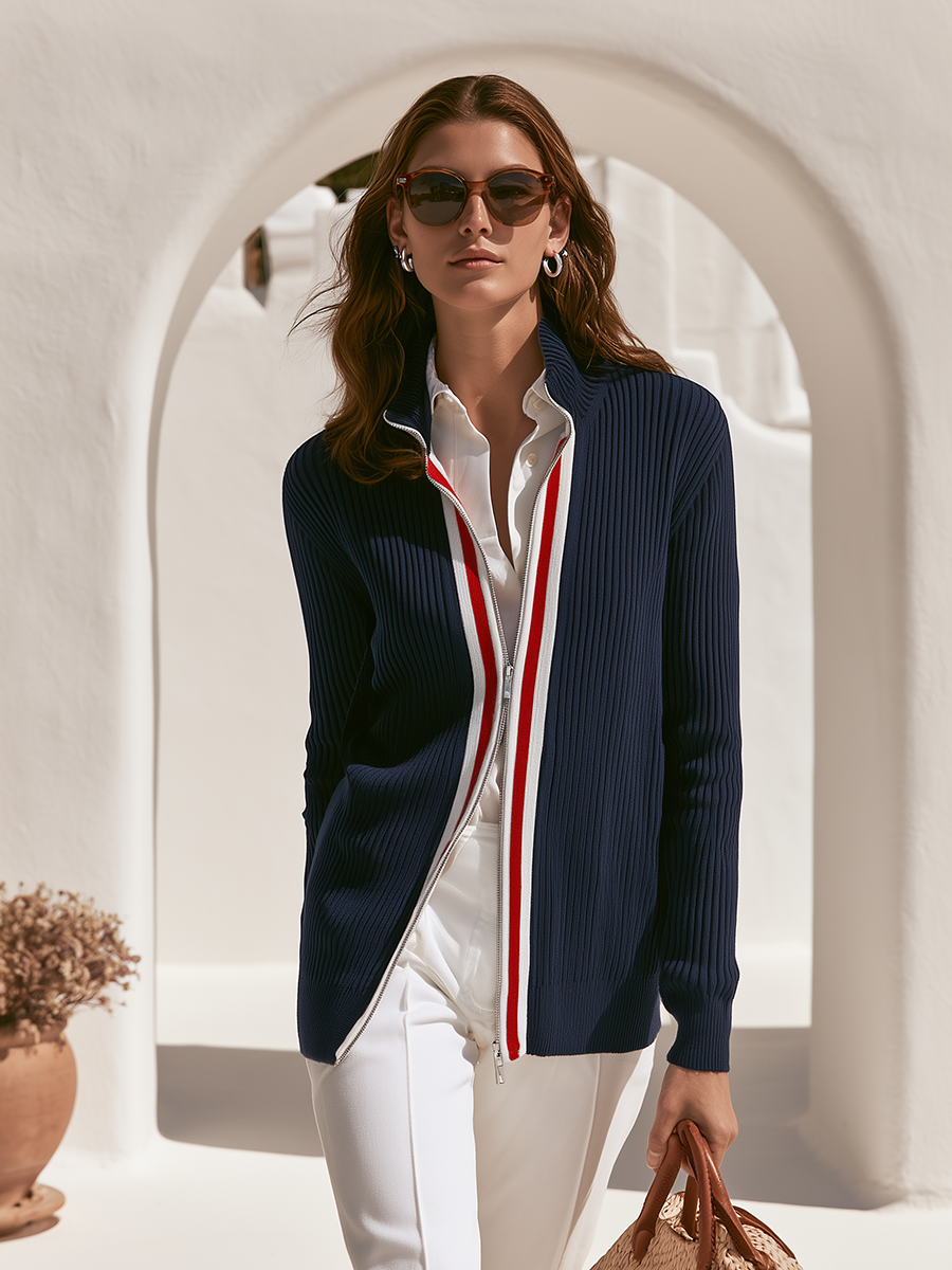 Zevira - Striped Trim Rib Knit Cardigan