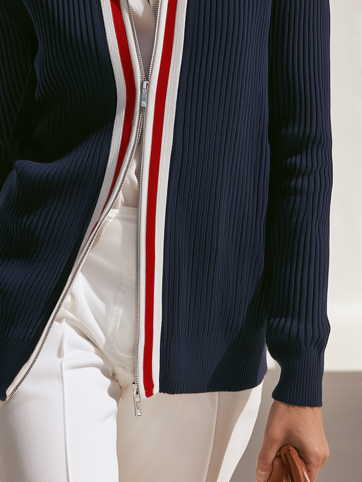Zevira - Striped Trim Rib Knit Cardigan