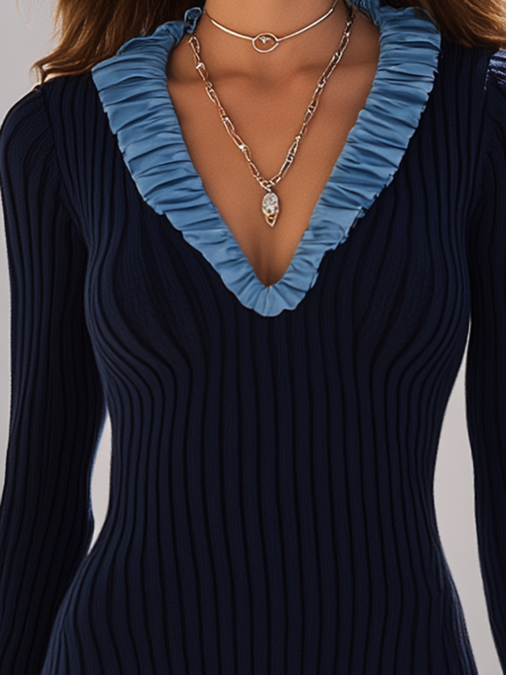 Rivaya - Ruffle-Trim Rib Knit Midi Dress