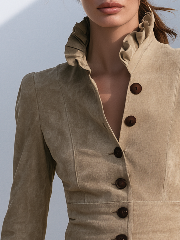 Kestra - Ruffle Trim Faux Suede Jacket