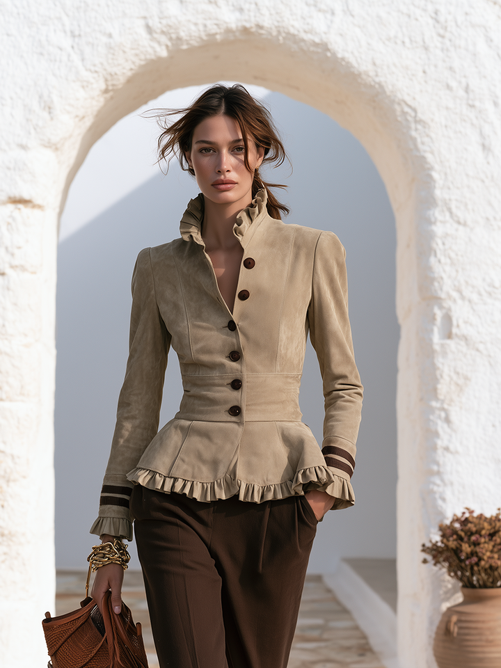 Kestra - Ruffle Trim Faux Suede Jacket