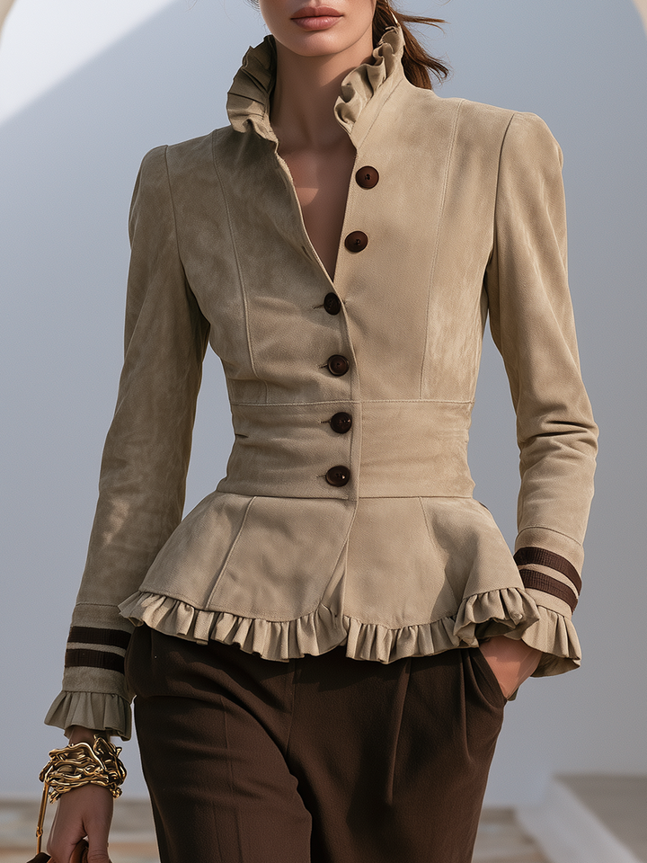 Kestra - Ruffle Trim Faux Suede Jacket
