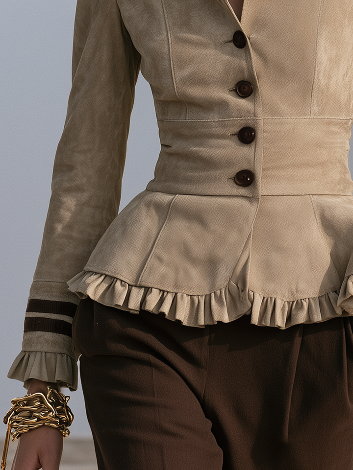 Kestra - Ruffle Trim Faux Suede Jacket