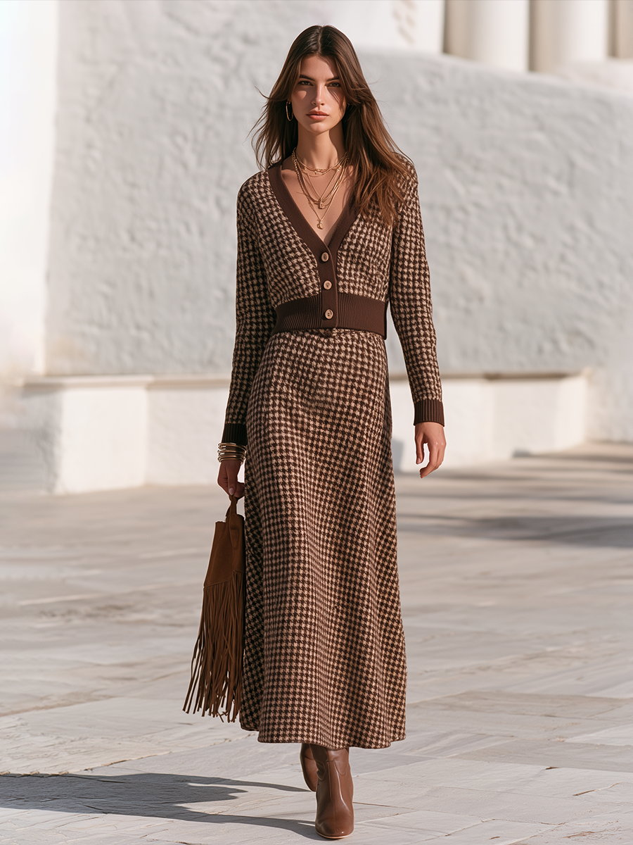 Veslyn - Houndstooth Jacquard Knit Midi Skirt