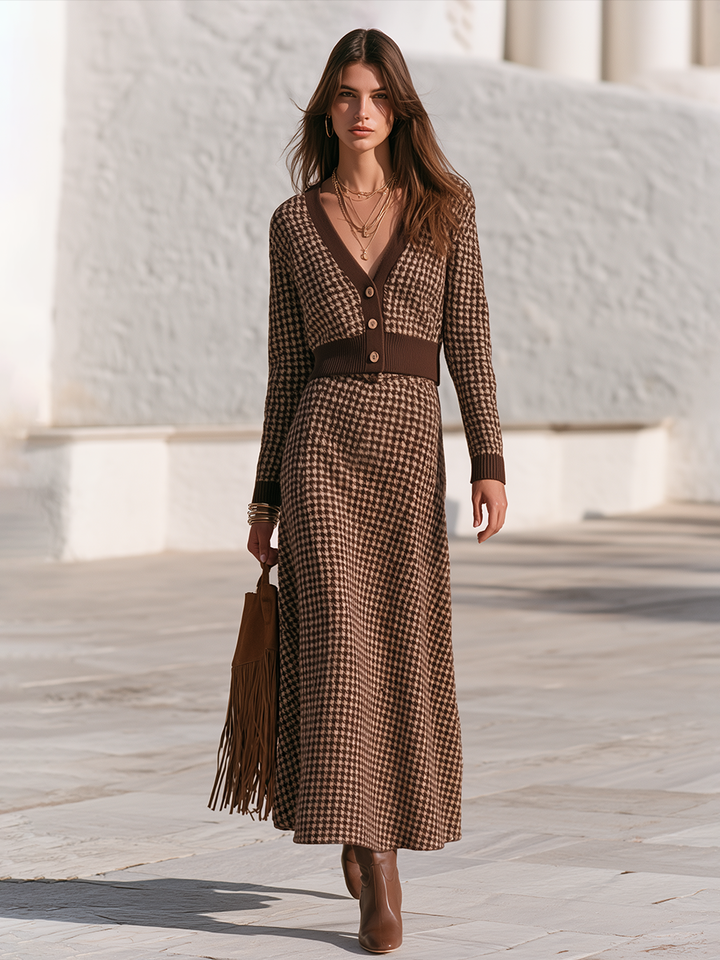 Veslyn - Houndstooth Jacquard Knit Midi Skirt
