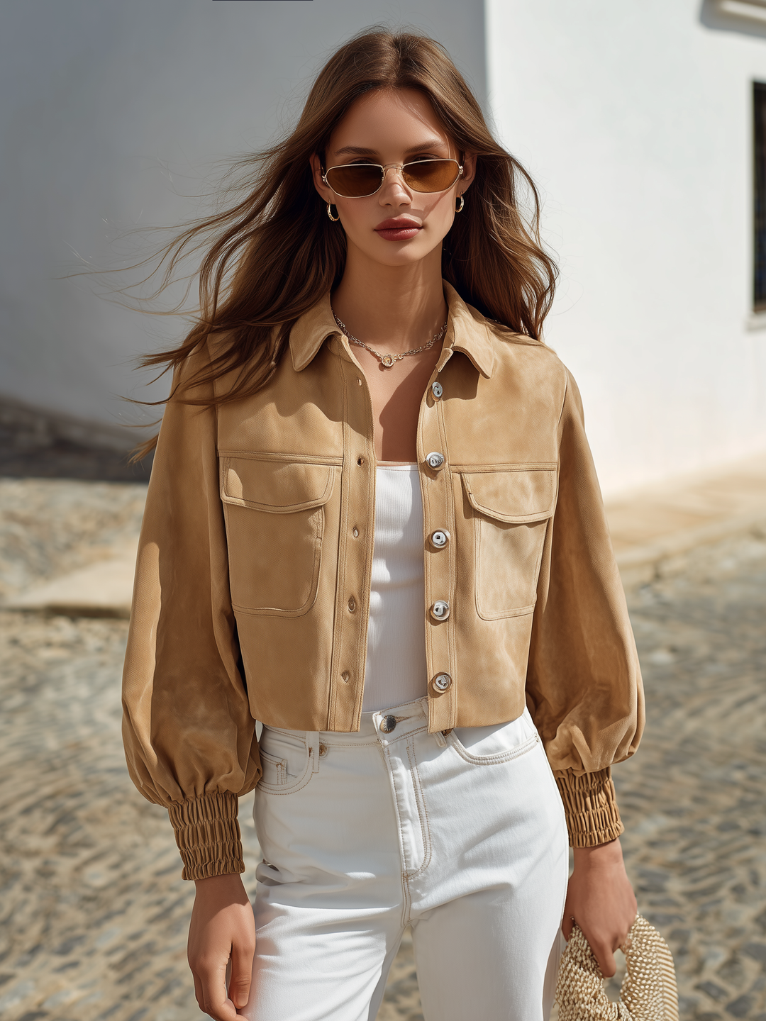 Ceraya - Balloon Sleeve Faux Suede Utility Jacket
