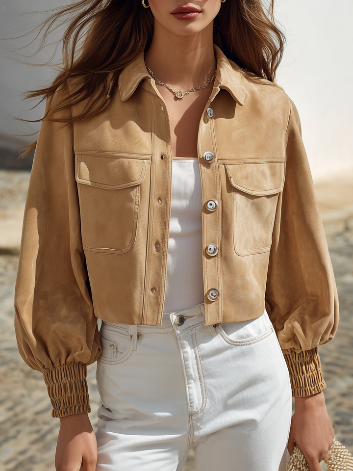 Ceraya - Balloon Sleeve Faux Suede Utility Jacket