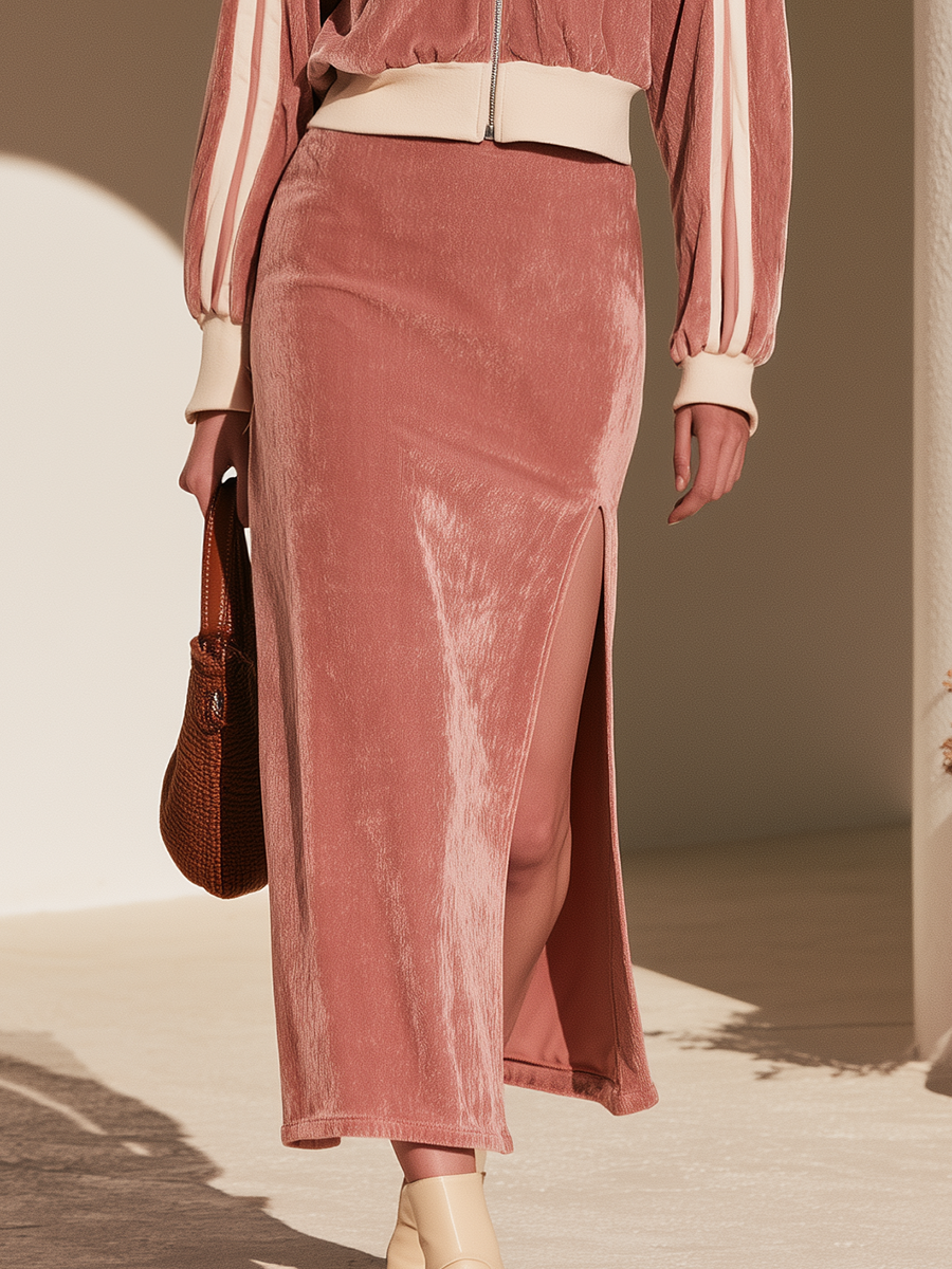 Soreli - Zip-Front Velvet Skirt Set