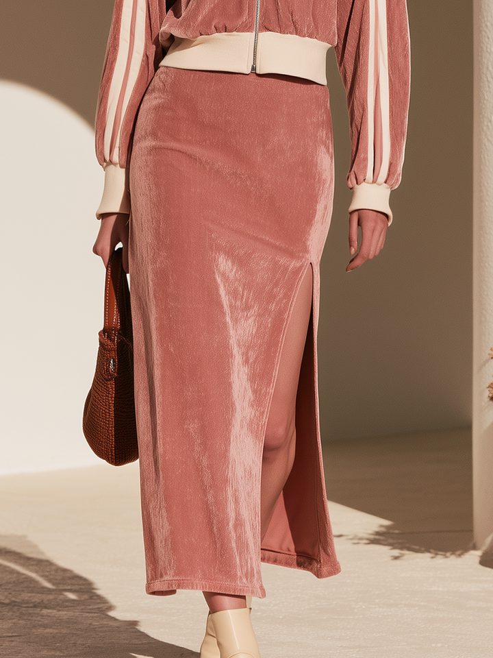 Soreli - Zip-Front Velvet Skirt Set