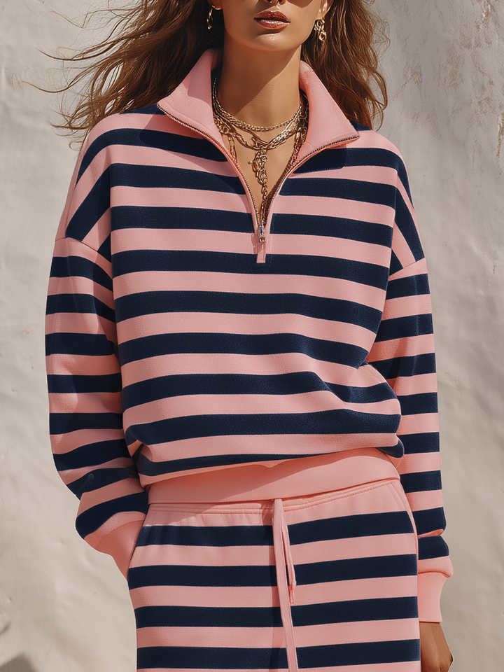 Kivara - Half-Zip Stand Collar Cotton-Blend Skirt Set
