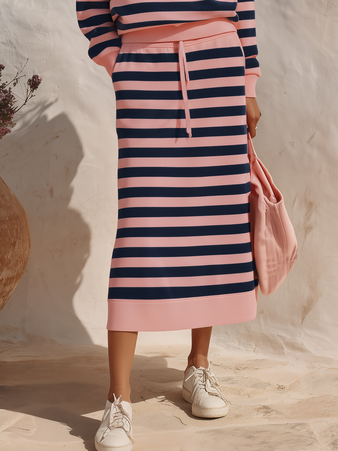 Kivara - Half-Zip Stand Collar Cotton-Blend Skirt Set